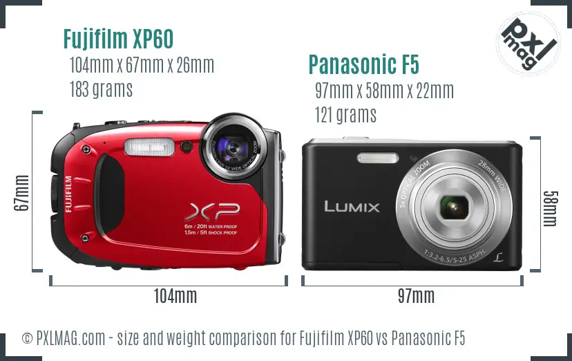 Fujifilm XP60 vs Panasonic F5 size comparison