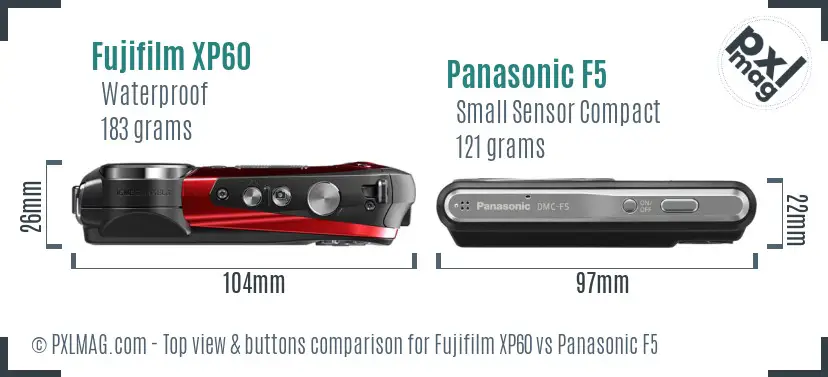 Fujifilm XP60 vs Panasonic F5 top view buttons comparison