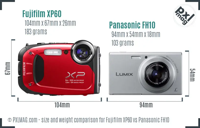 Fujifilm XP60 vs Panasonic FH10 size comparison