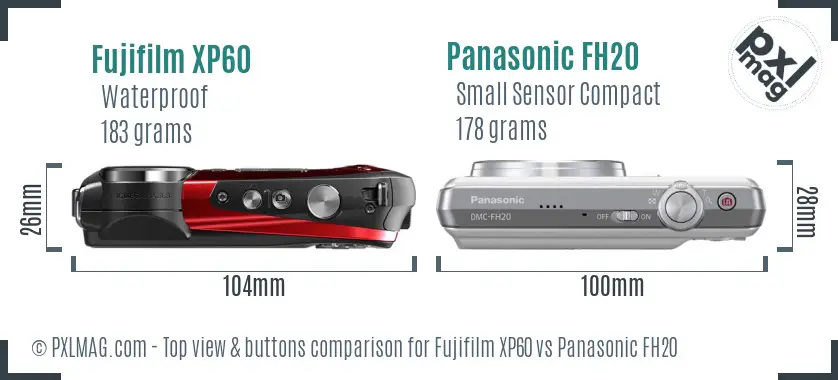 Fujifilm XP60 vs Panasonic FH20 top view buttons comparison