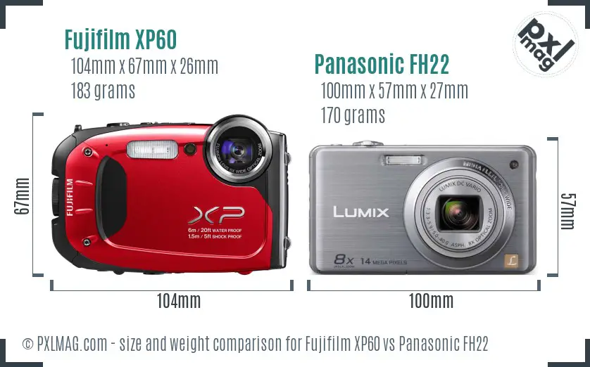Fujifilm XP60 vs Panasonic FH22 size comparison