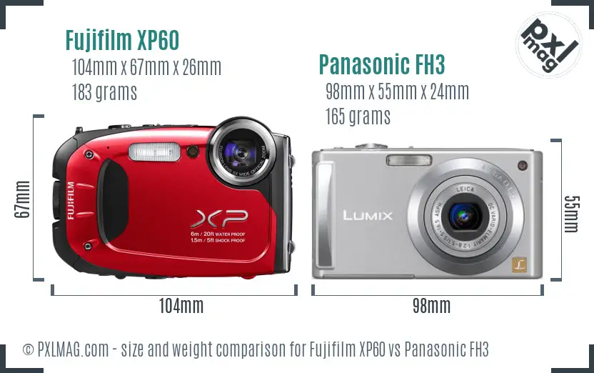 Fujifilm XP60 vs Panasonic FH3 size comparison