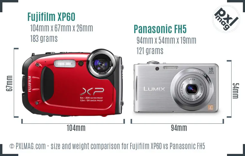Fujifilm XP60 vs Panasonic FH5 size comparison