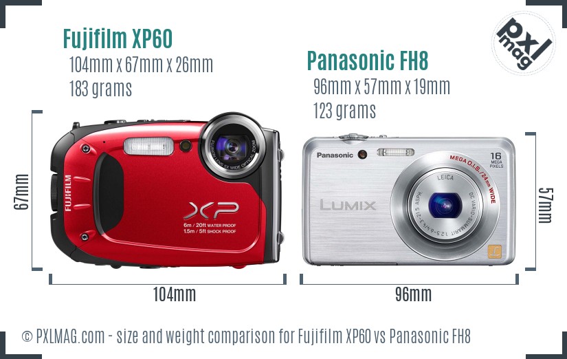 Fujifilm XP60 vs Panasonic FH8 size comparison