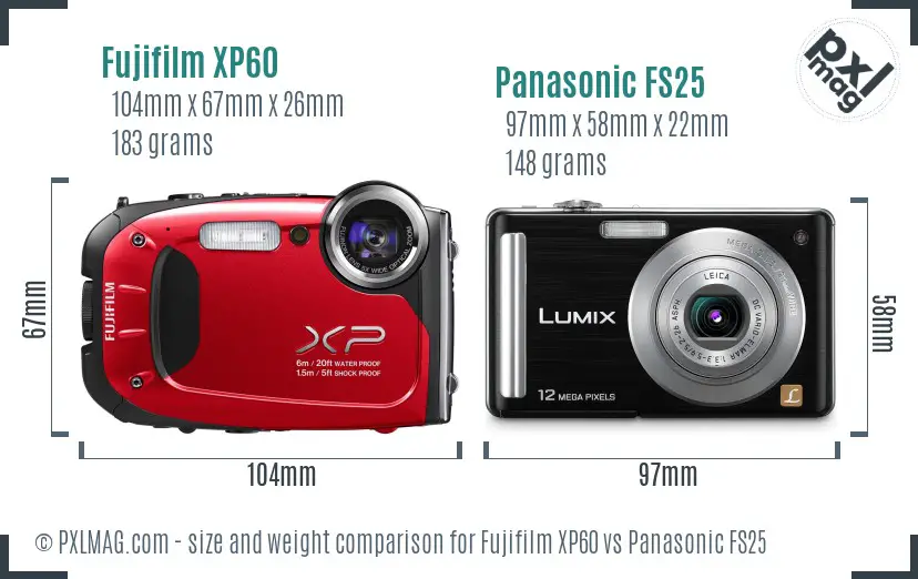 Fujifilm XP60 vs Panasonic FS25 size comparison
