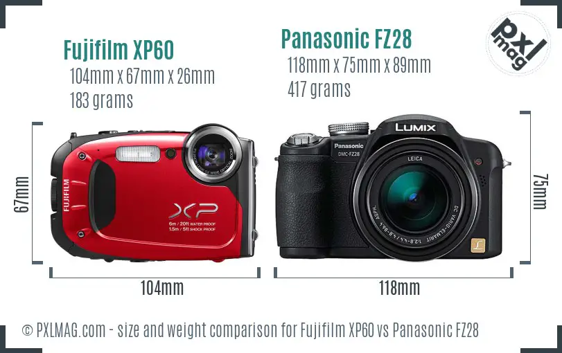 Fujifilm XP60 vs Panasonic FZ28 size comparison