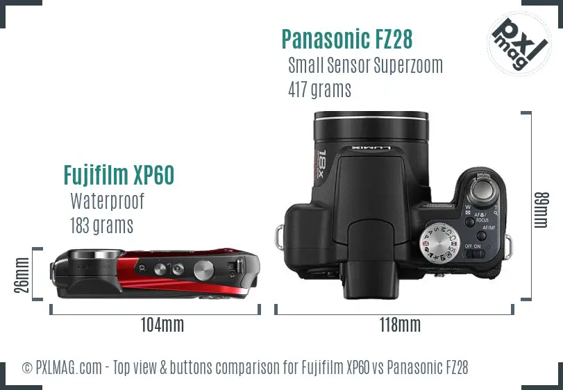 Fujifilm XP60 vs Panasonic FZ28 top view buttons comparison