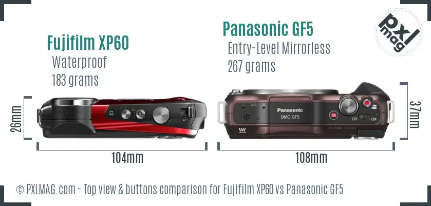 Fujifilm XP60 vs Panasonic GF5 top view buttons comparison