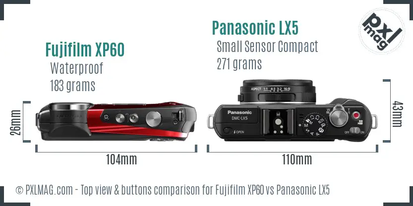 Fujifilm XP60 vs Panasonic LX5 top view buttons comparison Fujifilm XP60 vs Panasonic LX5 top view buttons comparison