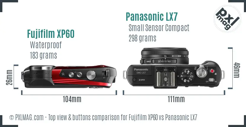 Fujifilm XP60 vs Panasonic LX7 top view buttons comparison Fujifilm XP60 vs Panasonic LX7 top view buttons comparison