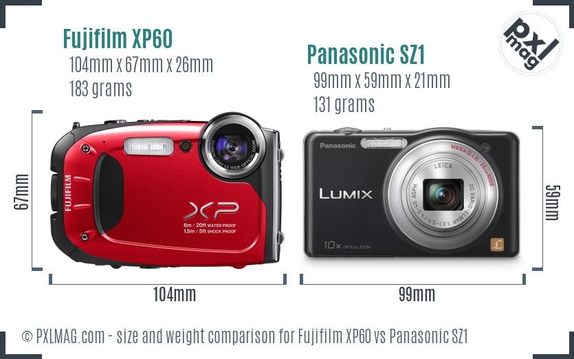 Fujifilm XP60 vs Panasonic SZ1 size comparison