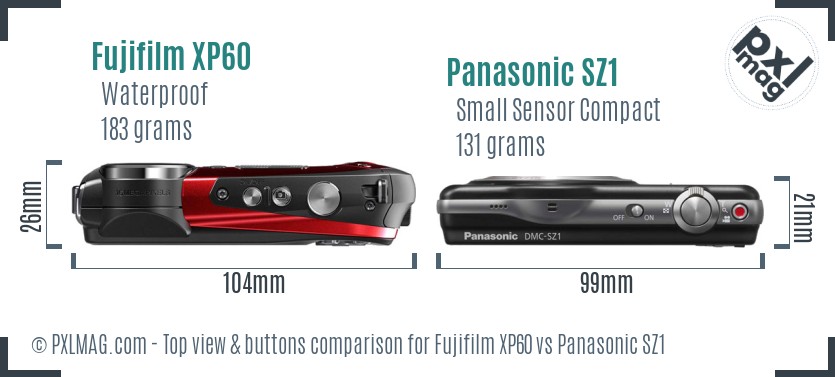 Fujifilm XP60 vs Panasonic SZ1 top view buttons comparison