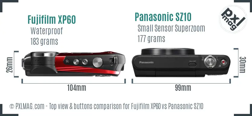 Fujifilm XP60 vs Panasonic SZ10 top view buttons comparison Fujifilm XP60 vs Panasonic SZ10 top view buttons comparison