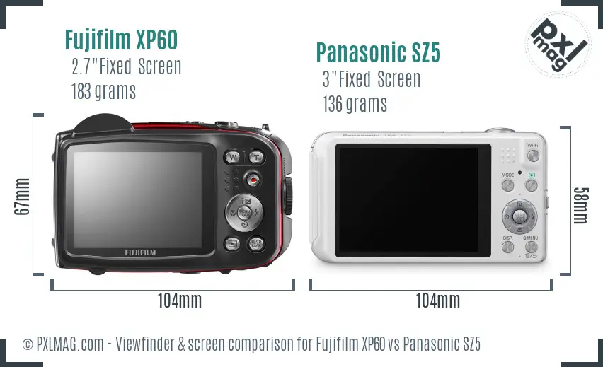 Fujifilm XP60 vs Panasonic SZ5 Screen and Viewfinder comparison