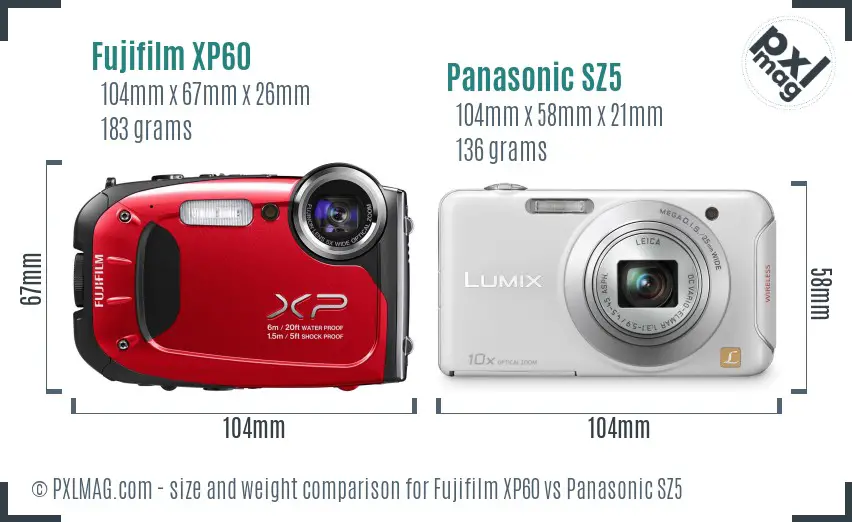 Fujifilm XP60 vs Panasonic SZ5 size comparison