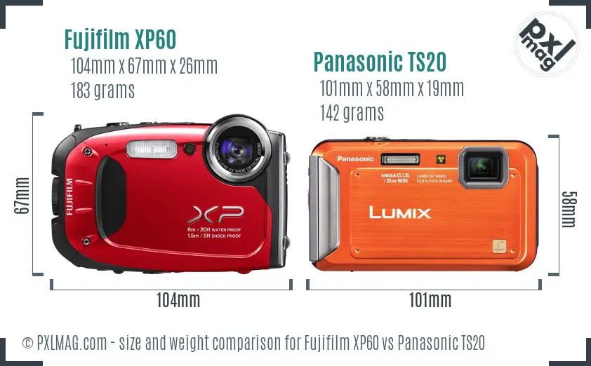 Fujifilm XP60 vs Panasonic TS20 size comparison