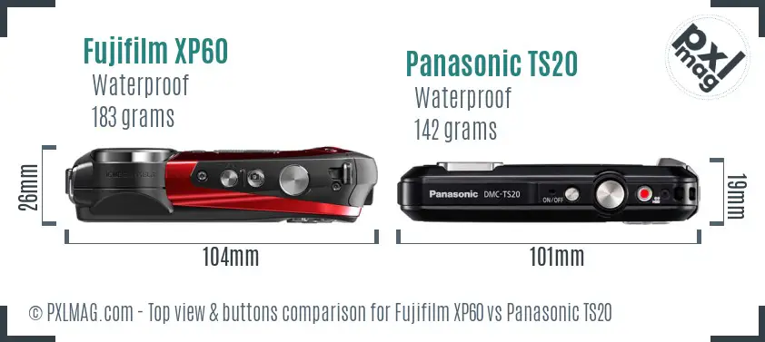 Fujifilm XP60 vs Panasonic TS20 top view buttons comparison