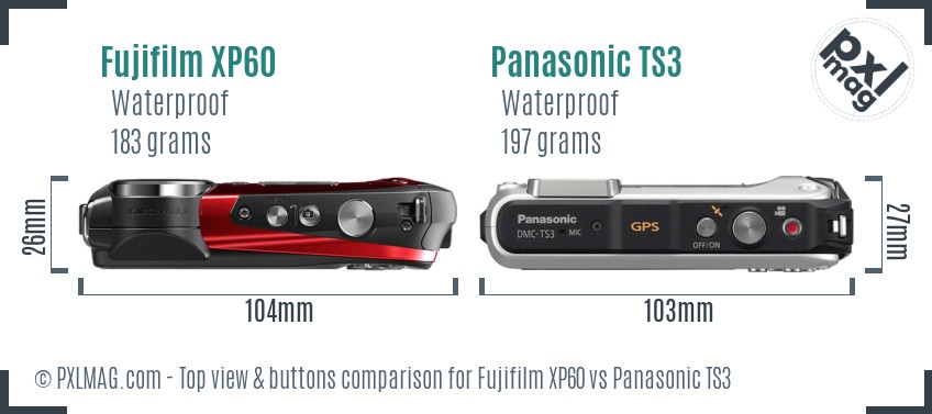Fujifilm XP60 vs Panasonic TS3 top view buttons comparison