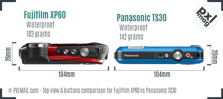 Fujifilm XP60 vs Panasonic TS30 top view buttons comparison