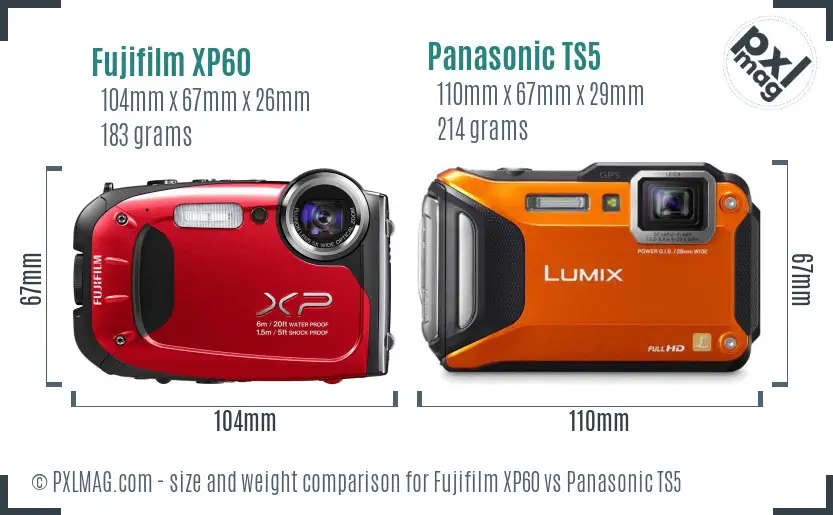 Fujifilm XP60 vs Panasonic TS5 size comparison