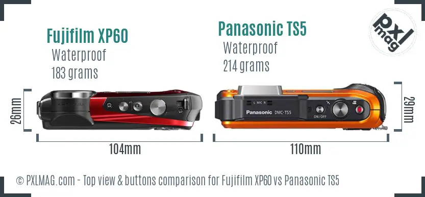 Fujifilm XP60 vs Panasonic TS5 top view buttons comparison