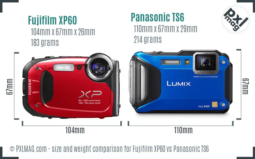 Fujifilm XP60 vs Panasonic TS6 size comparison