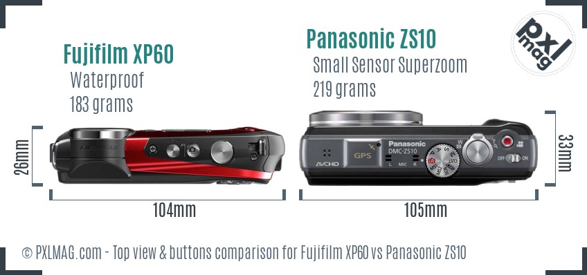 Fujifilm XP60 vs Panasonic ZS10 top view buttons comparison