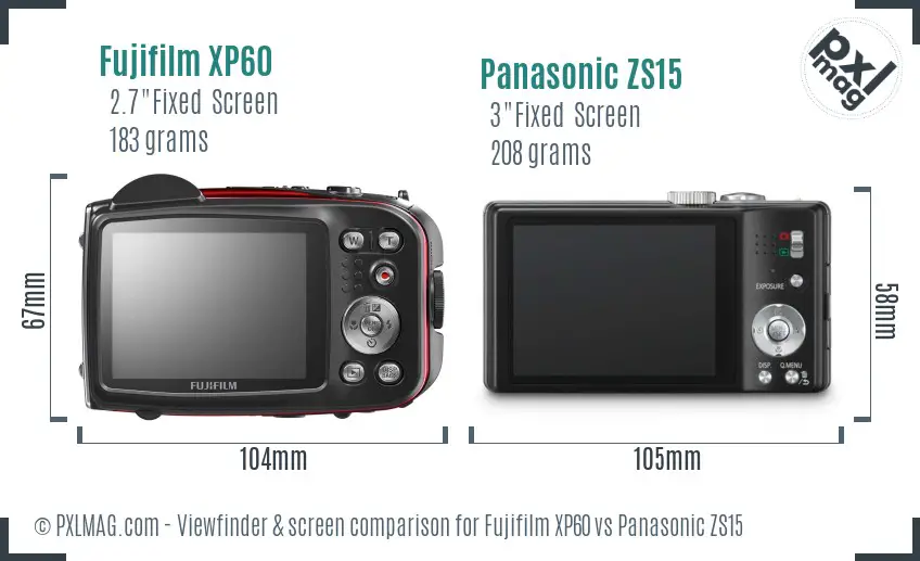 Fujifilm XP60 vs Panasonic ZS15 Screen and Viewfinder comparison