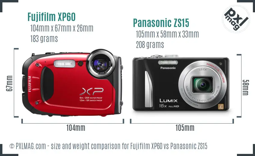 Fujifilm XP60 vs Panasonic ZS15 size comparison