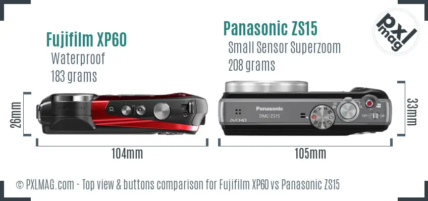 Fujifilm XP60 vs Panasonic ZS15 top view buttons comparison