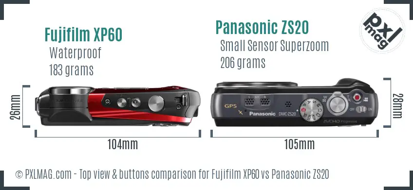 Fujifilm XP60 vs Panasonic ZS20 top view buttons comparison