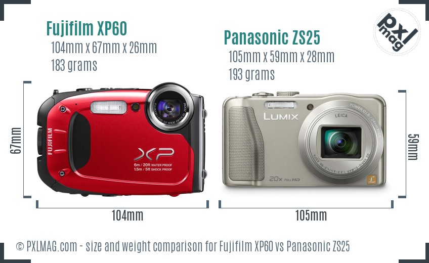 Fujifilm XP60 vs Panasonic ZS25 size comparison