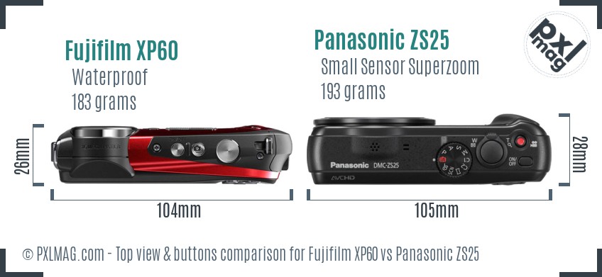 Fujifilm XP60 vs Panasonic ZS25 top view buttons comparison