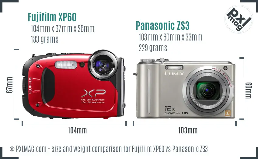Fujifilm XP60 vs Panasonic ZS3 size comparison