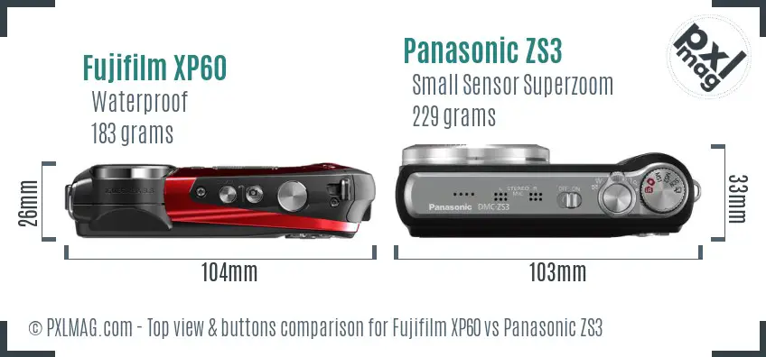 Fujifilm XP60 vs Panasonic ZS3 top view buttons comparison