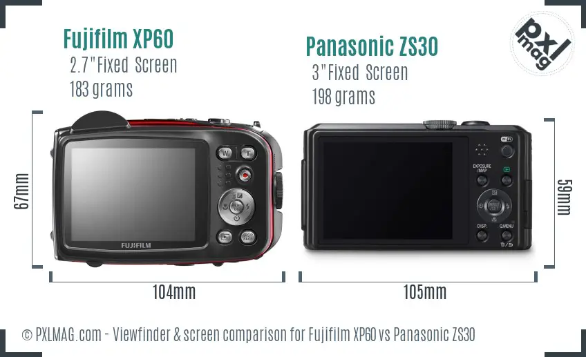 Fujifilm XP60 vs Panasonic ZS30 Screen and Viewfinder comparison