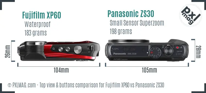Fujifilm XP60 vs Panasonic ZS30 top view buttons comparison
