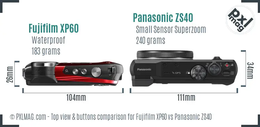 Fujifilm XP60 vs Panasonic ZS40 top view buttons comparison