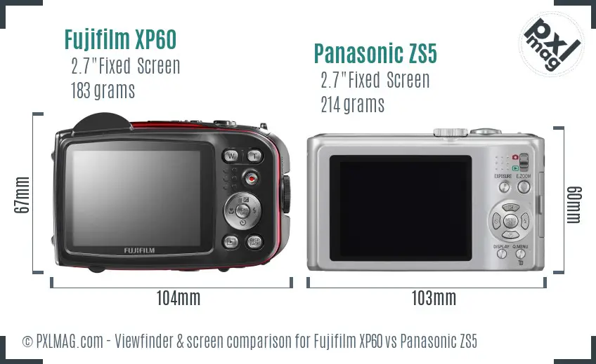 Fujifilm XP60 vs Panasonic ZS5 Screen and Viewfinder comparison