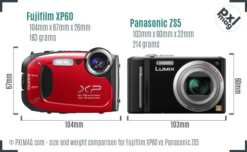 Fujifilm XP60 vs Panasonic ZS5 size comparison