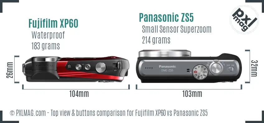 Fujifilm XP60 vs Panasonic ZS5 top view buttons comparison