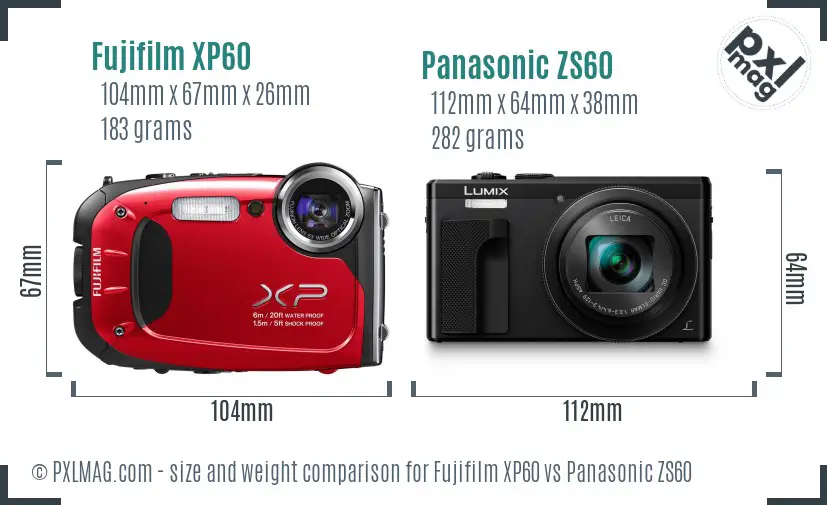 Fujifilm XP60 vs Panasonic ZS60 size comparison