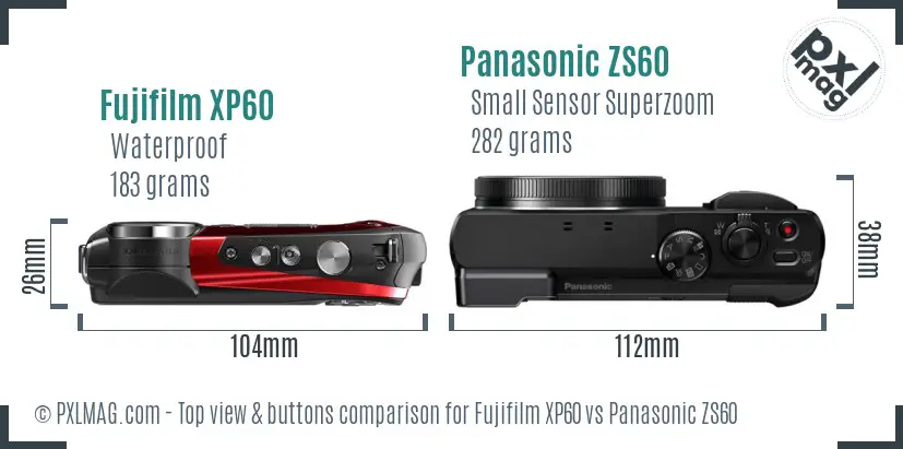 Fujifilm XP60 vs Panasonic ZS60 top view buttons comparison