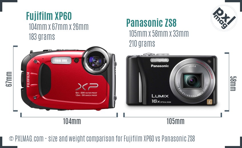 Fujifilm XP60 vs Panasonic ZS8 size comparison