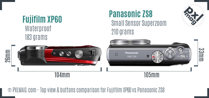 Fujifilm XP60 vs Panasonic ZS8 top view buttons comparison