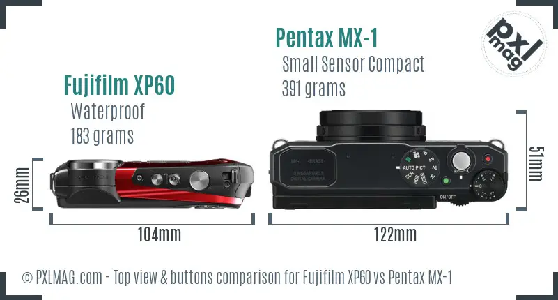 Fujifilm XP60 vs Pentax MX-1 top view buttons comparison