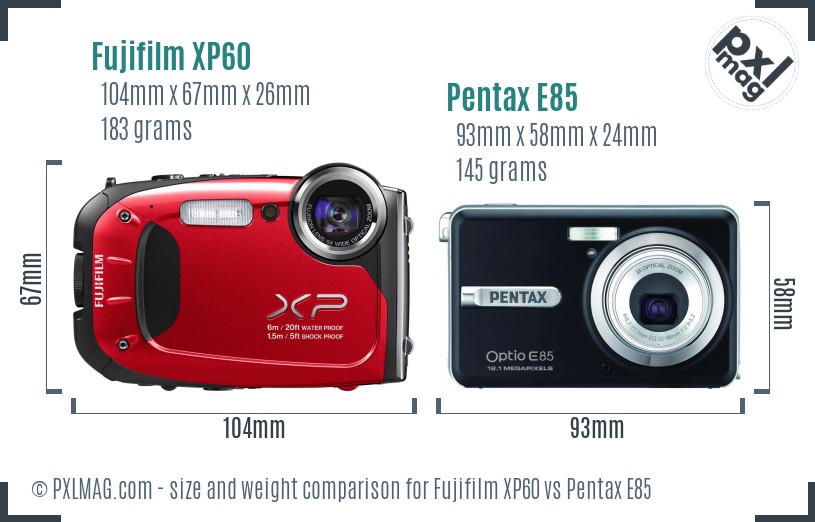 Fujifilm XP60 vs Pentax E85 size comparison Fujifilm XP60 vs Pentax E85 size comparison