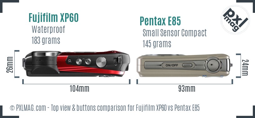 Fujifilm XP60 vs Pentax E85 top view buttons comparison