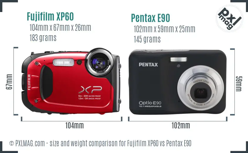 Fujifilm XP60 vs Pentax E90 size comparison