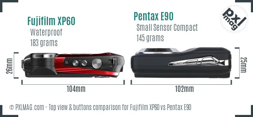 Fujifilm XP60 vs Pentax E90 top view buttons comparison